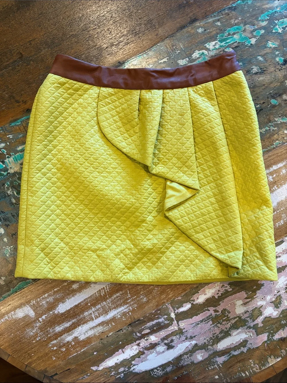 HD in Paris (Anthropologie)Yellow Quilted Ruffle Mini Skirt / Faux Leather Waist